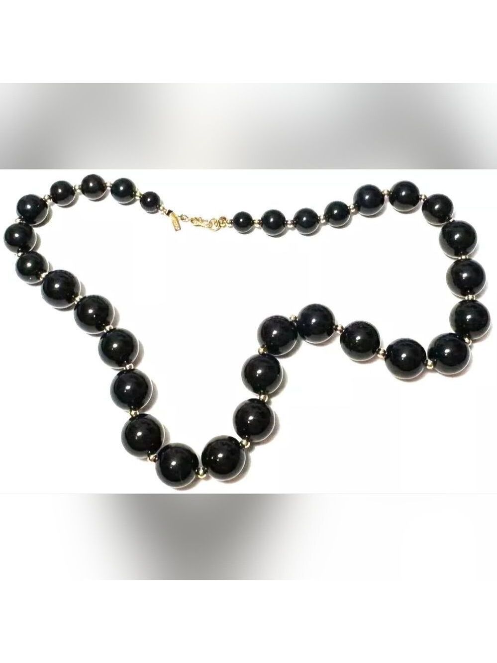 Vintage Necklace Signed Monet Graduated Black Round Bead Gold Tone 18"